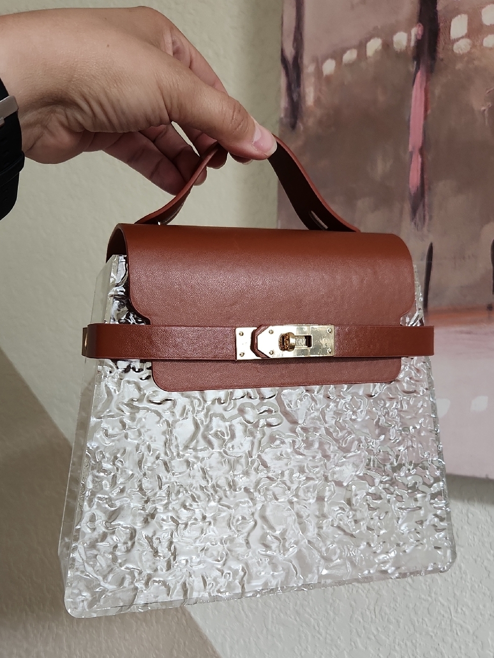 ❤️Storage Box Brown Top-Handle Clear Plastic Textured Tote Bag